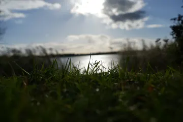 The lake against the sun, with a glow on the water.