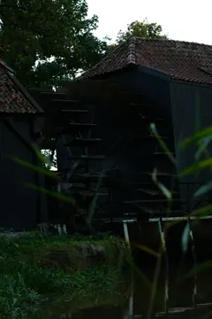 The black wooden watermill with its red tiled roofs and water wheel, seen through reeds at dusk.